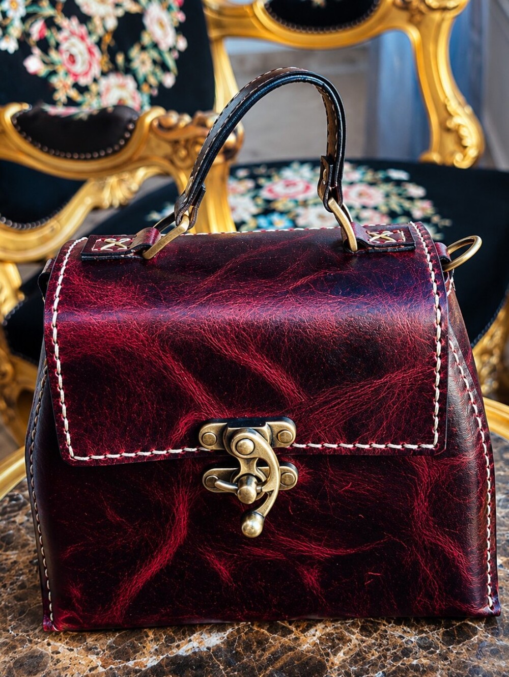 HandmadeElegant Burgundy Leather Handbag Made In Egypt
